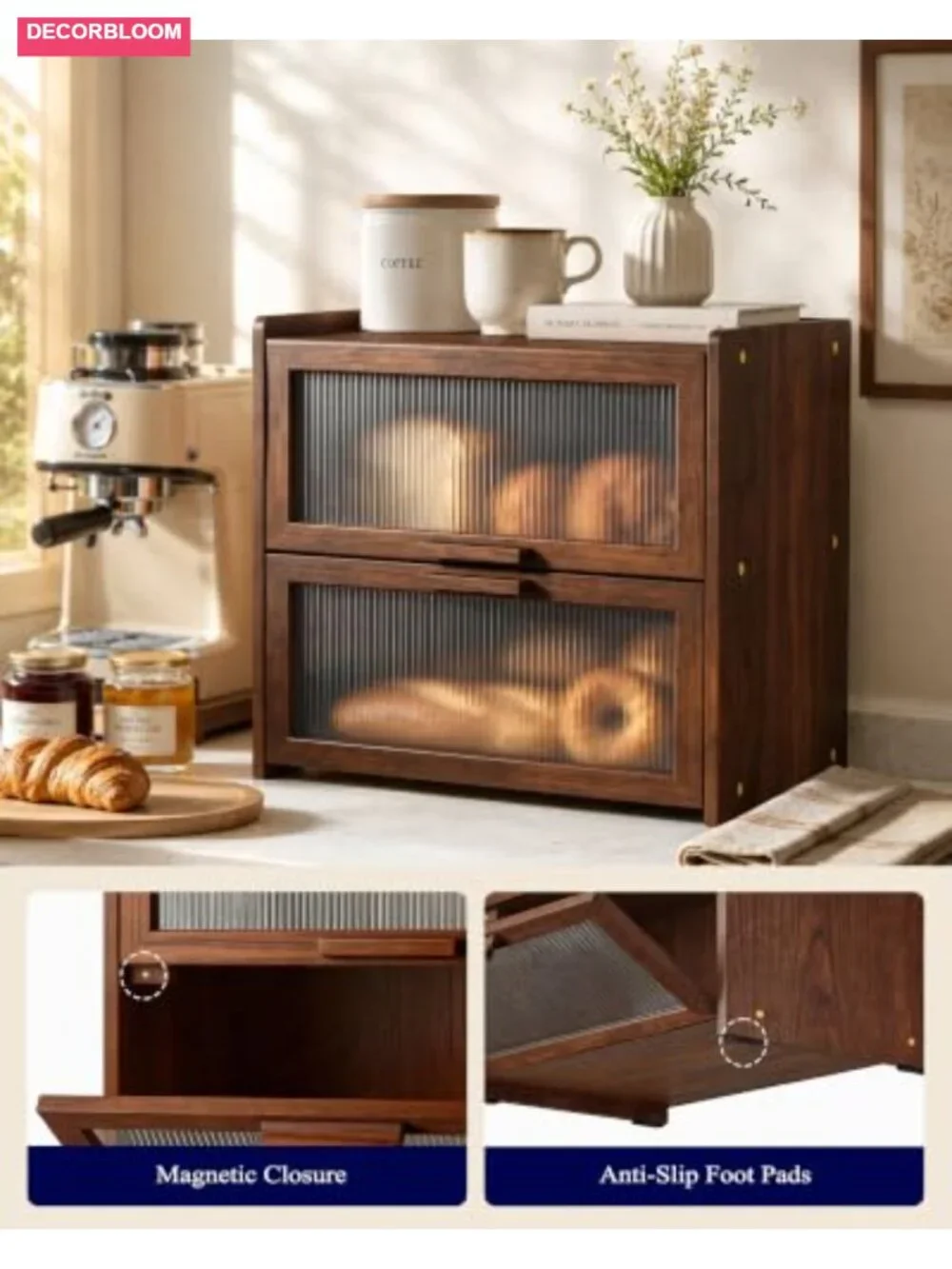 Wooden 2-Tier Bread Box for Kitchen, Large Storage, Pine, Farmhouse Style